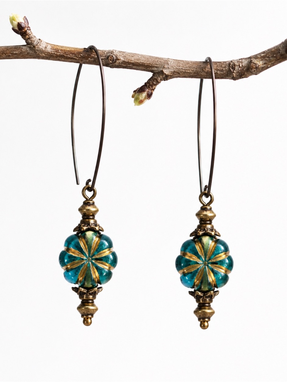 Turquoise Floral Boho Earrings, Antique Brass Dangle Earrings, Artisan Style